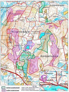 Karttakuva Kivesvaara-Keräsenvaara -luonnonsuojelualuekokonaisuudesta. Lähde: Maanmittauslaitos.