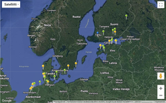 Turun yliopiston ja Luonnonvarakeskuksen GPS-lähetinhanhien paikat 3.5.2023. Siniset merkit ovat Varsinais-Suomessa rengastettuja eli Suomen omaa kantaa. Teknisten ongelmien vuoksi Lajitietokeskuksen sivulle ei saada päivitettyä GPS-lähetinhanhien liikkeitä. Kuva © Google Maps, Pohjois-Karjalan ELY-keskus.