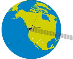 Palman varjon kulku Pohjois-Amerikan luoteisosan poikki 15.5.2017. Nuolen pituus vastaa varjon 10 sekunnissa kulkemaa matkaa (510 km). Kuva Jorma Harju