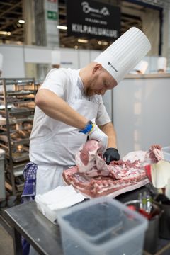 Suomen Bocuse d'Or -edustaja Mikko Kaukonen työskentelee edustajakarsinnoissa Messukeskuksessa 26.10.2019. Kuva: Santeri Stenvall