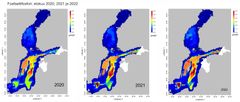 Kuva 2: Fosfaattifosforin pitoisuudet pohjan lähellä Etelä-Itämereltä Perämerelle elokuussa 2020, 2021 ja 2022. © SYKE Data: SYKE ja SMHI