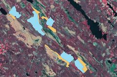 Delar av skyddade myrar som är lämpliga för återställande av vattenbalansen i närheten av Lestijärvi är märkta med orange färg på bilden. Det dränerade områdets avrinningsområden är märkta med turkos färg. Kartnivån hör till helheten av handlingsmodeller som har utvecklats för att återställa vattenbalansen.