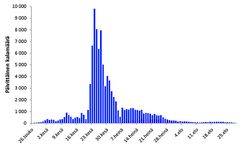 Viime kesänä Tornionjoella havaitut päivittäiset nousulohimäärät, yhteensä noin 100 000 lohta.