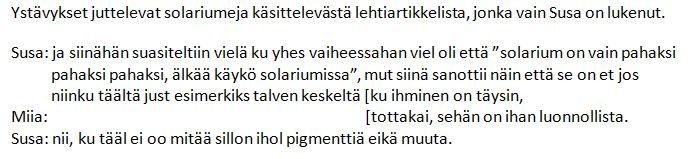 Esimerkki ”keskeyttämisestä”. Hakasulkeet tarkoittavat paikkaa, jossa päällekkäisyys alkaa: samalla rivillä niiden jälkeen tuleva osuus on puhuttu päällekkäin.