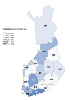 Koulutustasoindeksi kertoo kunkin alueen yli 20-vuotiaan väestön perusasteen jälkeen suoritetun korkeimman koulutuksen keskimääräisen pituuden vuosina henkeä kohti vuonna 2019. Indeksissä yksi vuosi vastaa 100 pistettä. Kuva: Sitra ja MDI.