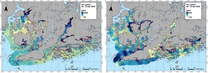 Hiilidioksidin ja metaanin osapaineet (µatm) vaihtelevat huomattavasti rannikon pintavesissä. Tutkimuksessa mittaukset toistettiin punaisella merkityn linjan mukaisesti enimmillään 60 m välein yhteensä yhdeksään kertaan. Esimerkkikuva havainnollistaa kasvihuonekaasujen osapaineiden alueellista vaihtelua Länsi-Uudenmaan rannikolla vuoden 2020 huhtikuun puolivälissä. Kuva on julkaistu alunperin Limnology and Oceanography Letters -tiedelehdessä.