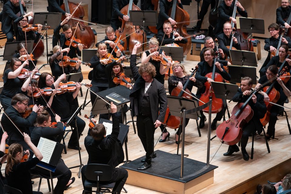 Tampere Filharmonia lavalla konserttitilanteessa; viulut, sellot ja kontrabassot