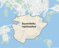 Suunnitellun rajoitusalueen rajaus. Alueella yhteiskäyttöisiä sähköpotkulautoja saisi pysäköidä vain merkityille paikoille.