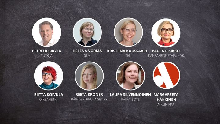 Kuvassa Päihdehoidon nykytila ja uusi päihdehuoltolaki? -verkkotilaisuuden alustajat sekä panelistit