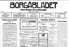 Borgåbladet 24.12.1929, nr 149, s.1
Borgåbladets förstasida 24.12.1929
Källa: Nationalbibliotekets digitala samlingar digi.kansalliskirjasto.fi