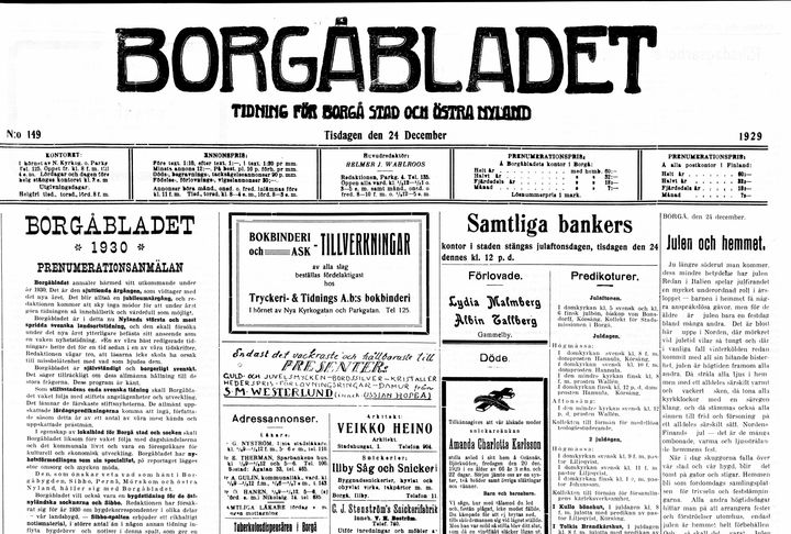 Borgåbladet 24.12.1929, nr 149, s.1
Borgåbladets förstasida 24.12.1929
Källa: Nationalbibliotekets digitala samlingar digi.kansalliskirjasto.fi