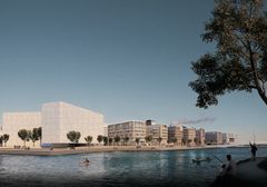 Havainnekuva Hakaniemenrannan ideakilpailun voittaneesta ehdotuksesta Cinque palazzi. Ehdotuksen tekijät ovat Arkkitehtitoimisto Harris–Kjisik Oy ja VSU maisema-arkkitehdit Oy.