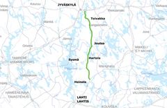 Valtatien 4 tarkastelujakso Lusin (Heinola) ja Kanavuoren (Jyväskylä) välillä.