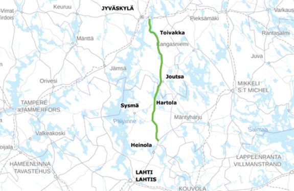 Valtatien 4 tarkastelujakso Lusin (Heinola) ja Kanavuoren (Jyväskylä) välillä.