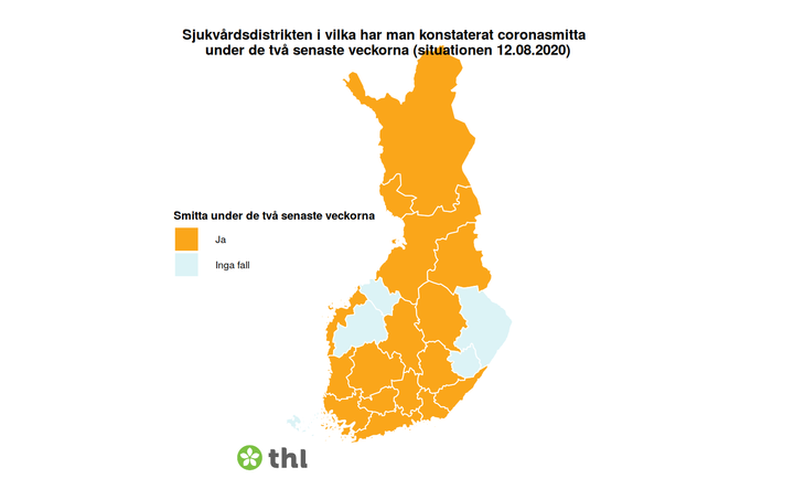 Maskrekommendationen gäller sjukvårdsdistrikt som är märkta med orange (situationen 12.8.2020). I dessa har man konstaterat coronasmitta under de två senaste veckorna.