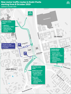 New vehicle traffic routes in Pasila from 7 October.
