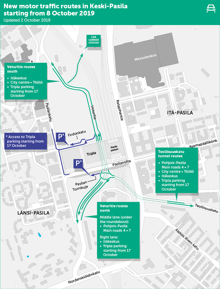 New vehicle traffic routes in Pasila from 7 October.