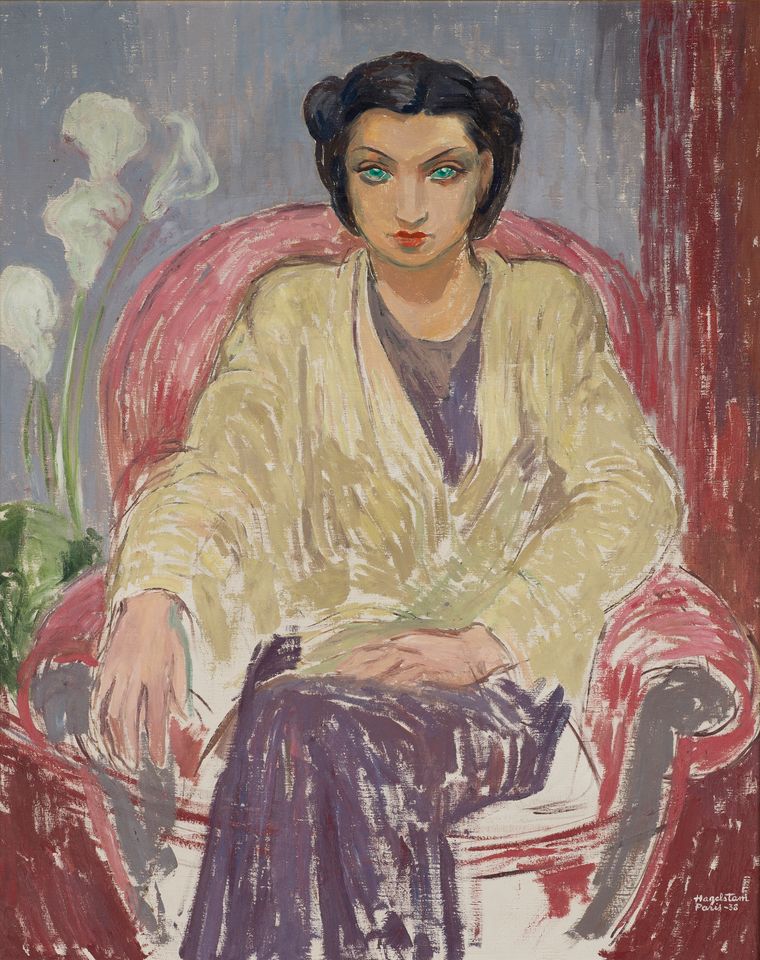 Hjalmar Hagelstam (1899–1941), Taiteilijan vaimo, Kitty Fazer, 1938, öljy kankaalle, 111 x 91,5 cm, Riihimäen taidemuseo, Tatjana ja Pentti Wähäjärven kokoelma. Kuva: Sami Parkkinen / Riihimäen taidemuseo.