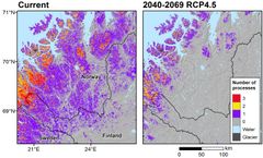 Maanpinnan prosesseille sopivien kylmien ilmasto-olosuhteiden nopea häviäminen pohjoisimmasta Euroopasta. Kartat esittävät tutkittavien prosessien lukumäärän jokaisessa mallinnusruudussa sekä nykyisissä (vasen), että tulevaisuuden (oikea) ilmasto-olosuhteissa (ajanjakso 2040-2069 keskimääräisen kasvihuonekaasuskenaarion RCP4.5 mukaan).