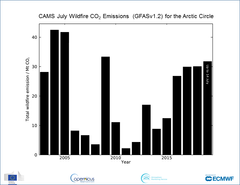 CAMS Heinäkuun maastopalojen hiilidioksidipäästöt pohjoisella napapiirillä