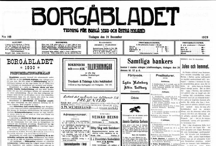 Borgåbladet 24.12.1929, no 149, s.1
Borgåbladetin etusivu 24.12.1929
Lähde: Kansalliskirjaston digitaaliset aineistot digi.kansalliskirjasto.fi