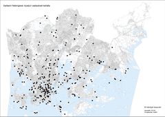 Objekt på kartan. Totalt 299 olika objekt placerades på kartan. Allmänna omnämnanden, såsom ”Helsingfors stränder”, visas inte på kartan. Större områden, såsom stadsdelar eller parker, markerades på kartan enligt områdets mittpunkt. Bild: Amanda Halme och Juha Niemelä.