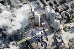 Uudesta Keski-Pasilasta on kasvamassa Helsingin toinen keskusta. Havainnekuva: Arkkitehtitoimisto JKMM, Haahtela-yhtiöt ja Keskinäinen työeläkevakuutusyhtiö Varma.