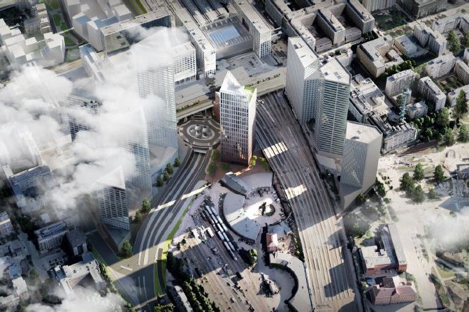 Uudesta Keski-Pasilasta on kasvamassa Helsingin toinen keskusta. Havainnekuva: Arkkitehtitoimisto JKMM, Haahtela-yhtiöt ja Keskinäinen työeläkevakuutusyhtiö Varma.