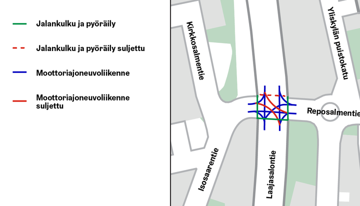 Laajasalontien liikennejärjestelyt kartalla.