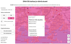 DNA:n uudistettu peittokartta osoitteessa www.dna.fi/5G kertoo entistä selkeämmin oman alueen mobiiliverkon tilanteen. Kartalta voi tarkistaa esimerkiksi 4G- tai 5G-verkon teoreettisen maksiminopeuden kullakin alueella Suomessa. Kuva: Kuvankaappaus