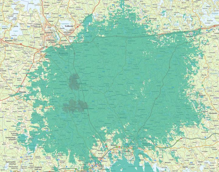 Kuvassa vaaleampi vihreä väri kuvaa normaalia 4G-/5G-peruspeittoa, ja tummempi vihreä erityisen nopeaa, 3,5 GHz:n taajuudella toimivaa 5G-verkkoa.