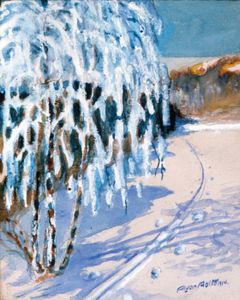 Alvar Aalto: Luonnon muotojen ja värien tarkkailua. Talvinen maisema, lumi ja hiihtolatu, guassi ja akvarelli, 1914. Kuva: Alvar Aalto -säätiö