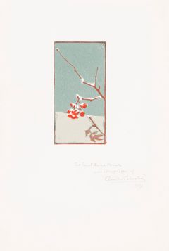 Eric O. W. Ehrström: Luminen pihlajanmarjaterttu / Rönnbärsklase med snö 1907 väripuukaiverrus / färgträgravyr. Gösta Serlachiuksen taidesäätiö / Gösta Serlachius konststiftelse. Kuva / foto: Teemu Källi
