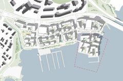 Idébild av Botbygårdsstrandens nya bostadsområde. Området för den nya ön är markerad med röd linje.