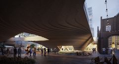 Visualisering av Train Factorys arkitekttävlingens vinnare A Roof for Helsinki. Bild: MASSLab Porto sekä AFRY & AFRY Ark Studio.