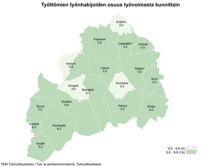 Maakunnan alhaisimmat työttömien työnhakijoiden osuudet olivat Evijärvellä (3,0 %), Kuortaneella (3,4 %) ja Ilmajoella (4,6 %).