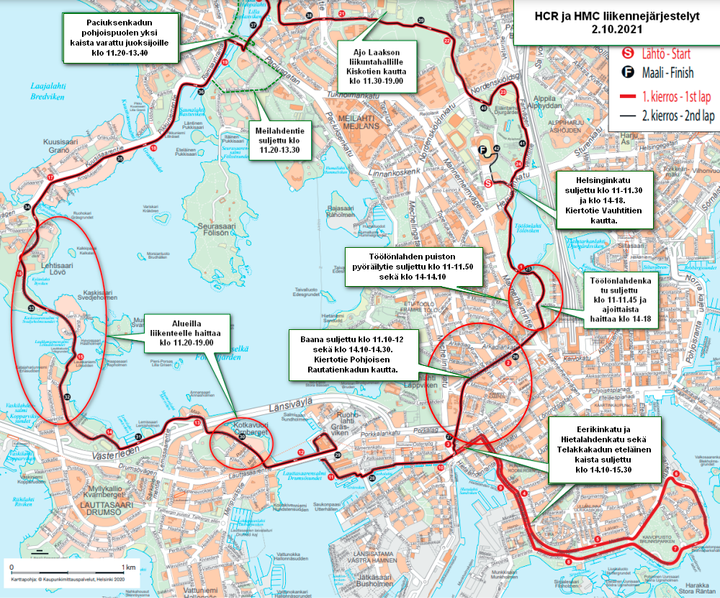 Helsinki City Running Dayn liikennejärjestelyt lauantaina 2.10.2021.