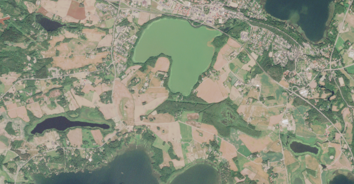 Sinilevää Kangasalan Kirkkojärvessä 26.7.2021. © Sisältää muokattua Copernicus Sentinel-dataa, SYKE (2021)