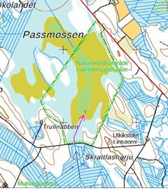 Passmossen i Pedersöre kommun. Styrdiket för återställande av vattenbalansen har markerats med violett färg.