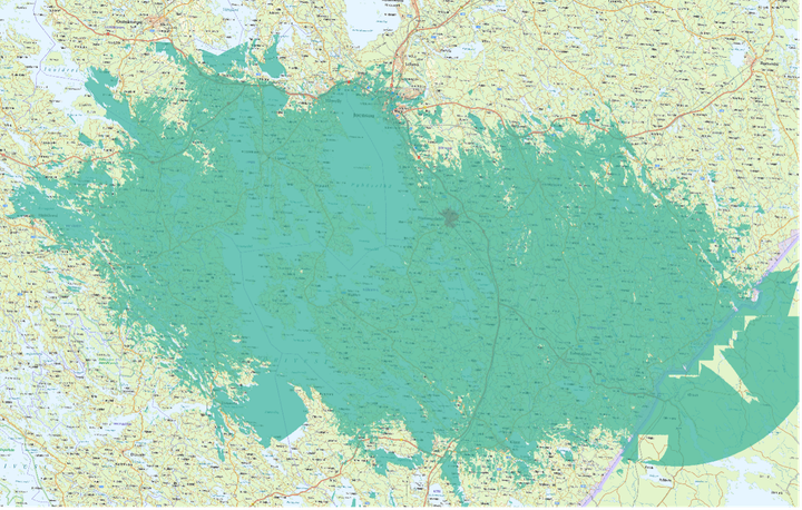 Kuvassa vaaleampi vihreä väri kuvaa normaalia 4G/5G-peruspeittoa, ja tummempi vihreä erityisen nopeaa, 3.5 GHz -taajuudella toimivaa 5G-verkkoa.