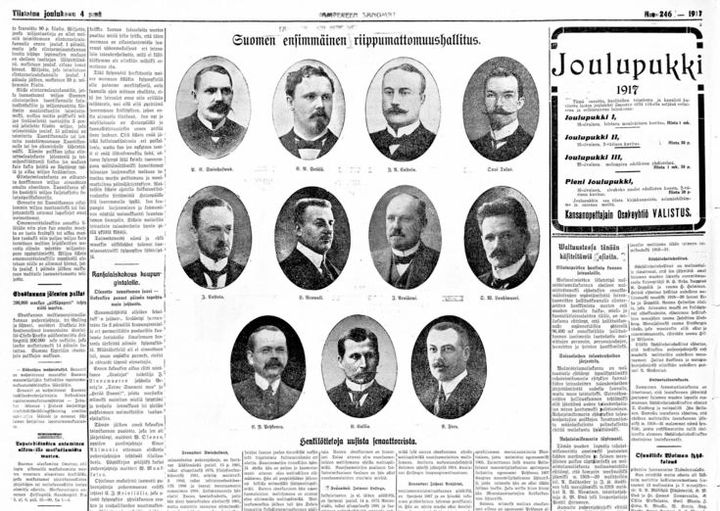 Suomen ensimmäinen hallitus. Tampereen Sanomat 4.12.1917 / digi.kansalliskirjasto.fi