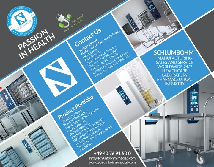 SCHLUMBOHM Medizin-Labor-Technologie GmbH, Steam Sterilizers; Washer Disinfectors; Steam Disinfection Systems; Cabin Washers; Bedpan Washers; Medical Waste Treatment; OR-Tables; Surgical Lights; Traceability Software; Functional Medical Furniture; Validation.