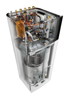 Daikinin ilma-vesilämpöpumpun sisäyksikkö sisältää sekä lämmönvaihtimen, kiertovesipumpun että lämminvesivaraajan ja vastaa kooltaan tavallista jääkaappia tai pakastinta.