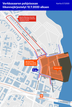 Kartta heinäkuussa 2020 voimaan tulleista liikennejärjestelyistä.