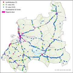 Kuva 2. Pohjois-Pohjanmaan ELY-keskuksen alueen tienvarsipalveluiden tavoiteverkon perusverkko.