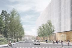 Havainnekuva Helsinki Gardenista Nordenskiöldinkadun ja Pohjoisen Stadiontien risteyksen suunnasta. Kuva: Arkkitehtuuritoimisto B & M Oy