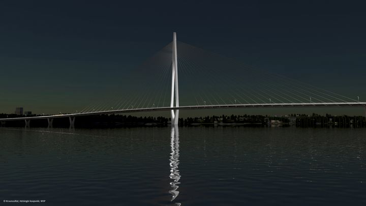 Havainnekuva Kruunusillat-hankkeen pisimmästä sillasta, Kruunuvuorenrannan ja Korkeasaaren välisestä Kruunuvuorensillasta. Toteutuessaan se on Suomen pisin silta. Kuva: WSP Finland Oy