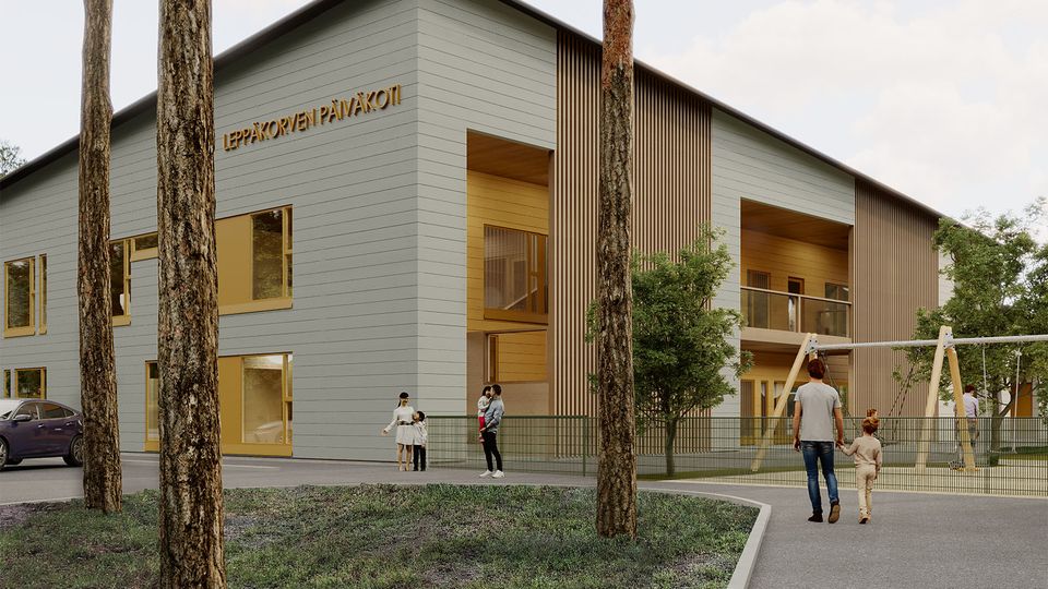 Hoivarakentajat - Leppäkorven päiväkoti Vantaa - havainnekuva pääsisäänkäynti web
