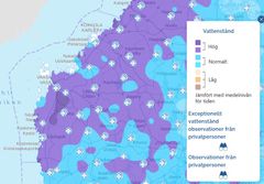 Till valborg väntas högt vattenstånd i de österbottniska åarna och sjöarna. Skärmdump från vatten.fi:s karttjänst 26.4.2023.