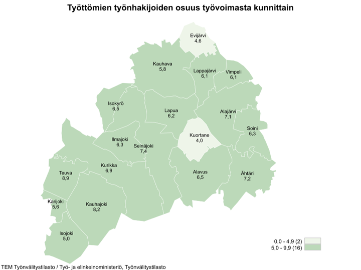 Maakunnan alhaisimmat työttömien työnhakijoiden osuudet olivat Kuortaneella (4,0 %), Evijärvellä (4,6 %) ja Isojoella (5,0 %).